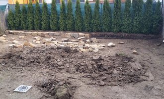 Travní koberec a úprava zahrady (obrubníky a zídka)