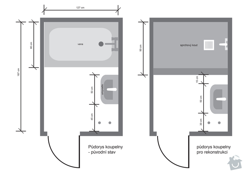 Instalatérská práce (výměna vodovodů +odpad v panelovém jádře): koupelna_pudorys