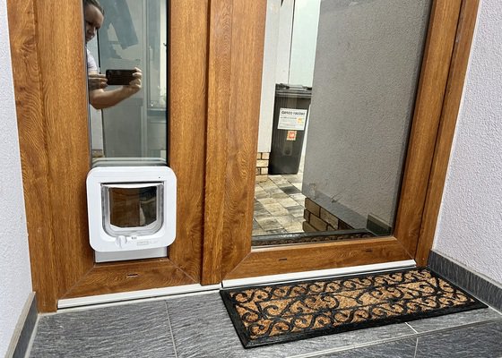 Renovace a úpravy vchodových dveří (např. výřez otvoru do skla pro kočičí vchod