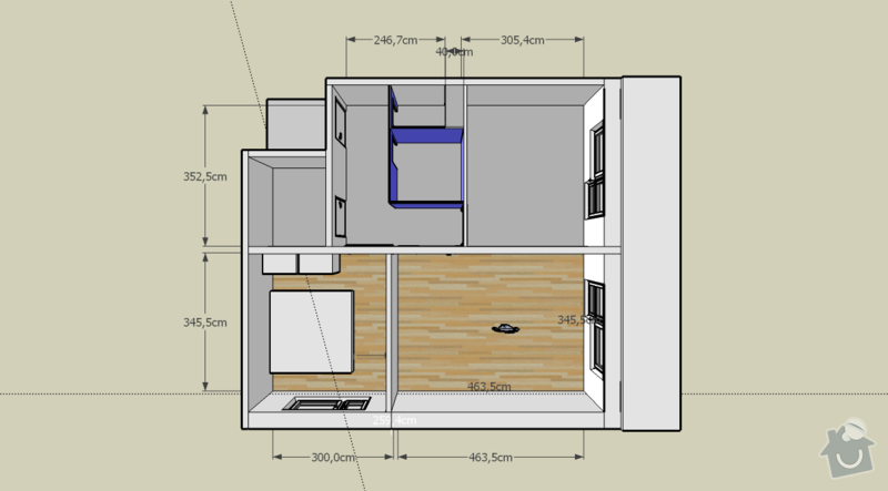 Dispoziční řešení a projekt pro realizaci - rekonstrukce paneloveho bytu: pudorys