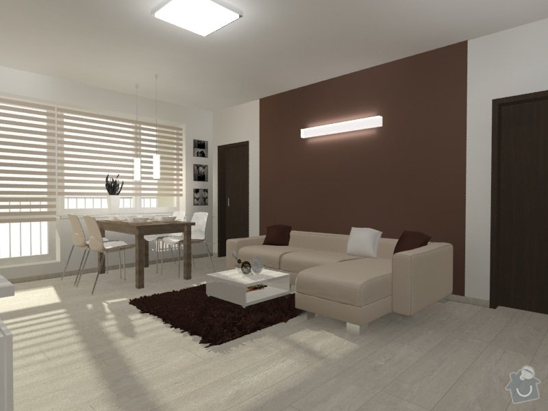 Hnědo béžová moderní koupelna, bílá kuchyně a obývací pokoj do hněda: Byt_Predmosti_obyvak_20