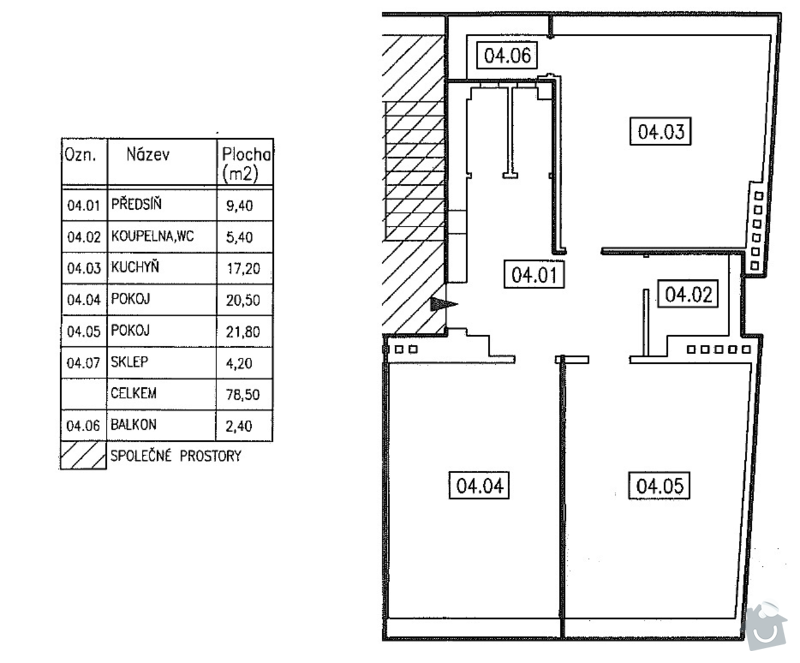 Rekonstrukce bytu 78 m2 (koupelna, kuchyň, podlahy, rozvody): Plochy